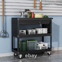 3 Tiers Tool Chest Storage Garage Trolley Workshop Cart Shelves Drawer with Keys
