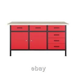 POLLOR 160 cm Steel Garage Workbench Storage Cabinet Tool Drawers Workshop Red