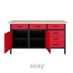 POLLOR 160 cm Steel Garage Workbench Storage Cabinet Tool Drawers Workshop Red