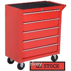 Roller Tool Cabinet Storage Box 5 Drawers Caster Garage Workshop On Wheels, Red