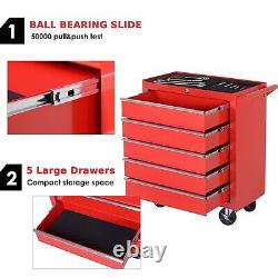 Roller Tool Cabinet Storage Box 5 Drawers Caster Garage Workshop On Wheels, Red