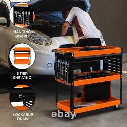 Tool Storage Tolley 3 Tier Cart Lockable Drawer Wheel Workshop Garage Heavy Duty