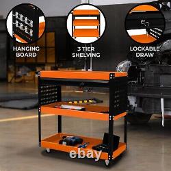 Tool Storage Trolley 3 Tier Cart Lockable Drawer Workshop Garage Heavy Duty